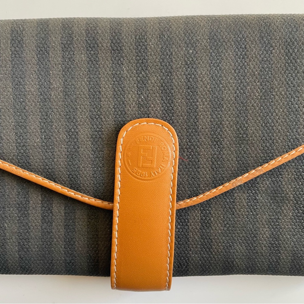 FENDI Vintage Striped Pequin Wallet Tan Brown Bifold Snap Clousure - Picture 4 of 16